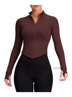 Cropped Zip Up Athletic Jacket Long Sleeve Track Workout with Thumb Holes